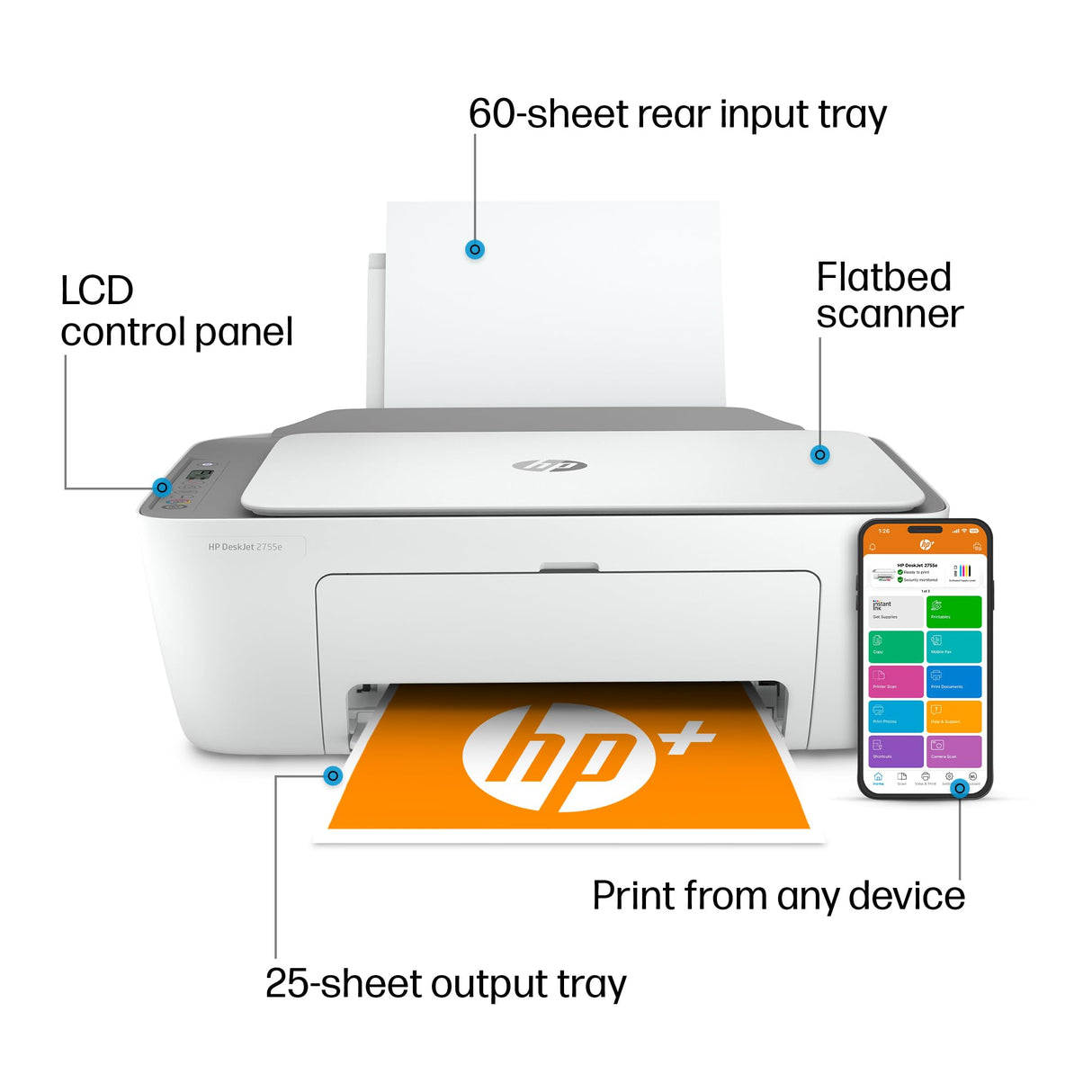 HP DeskJet 2755e Wireless Color inkjet-printer, Print, scan, copy, Easy setup, Mobile printing, Best-for home, Instant Ink with HP+,white