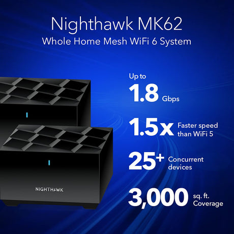 NETGEAR - Nighthawk AX1800 Mesh WiFi 6 System with Router + 1 Satellite Extender, 1.8Gbps (MK62)
