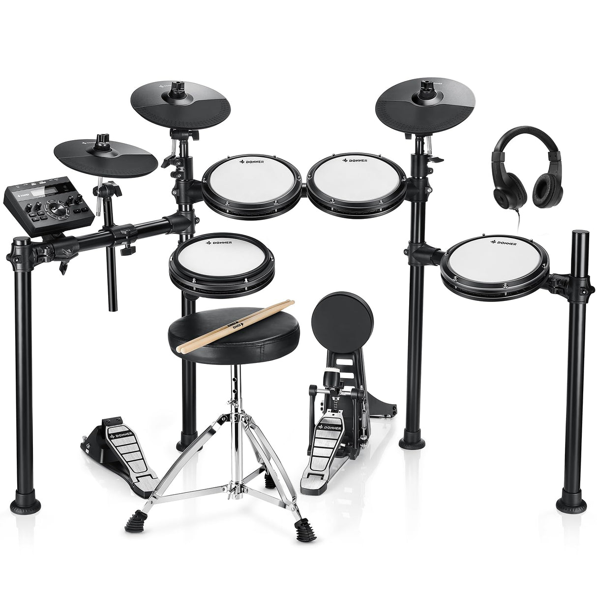 Donner DED-200 Electric Drum Sets with Quiet Mesh Drum Pads, 2 Cymbals w/Choke, 31 Kits and 450+ Sounds, Throne, Headphones, Sticks, USB MIDI, Melodics Lessons (5 Pads, 3 Cymbals)