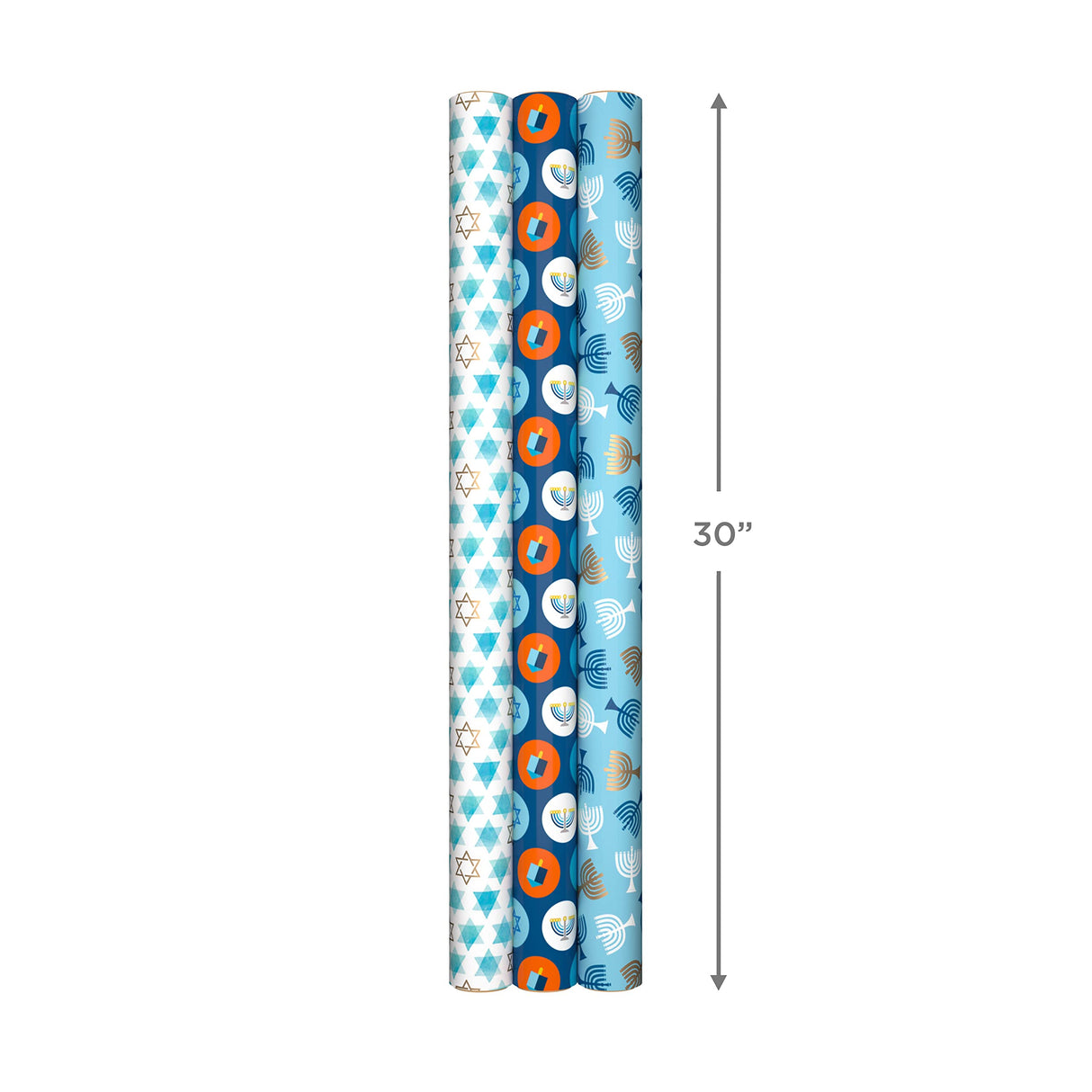 Hallmark Tree of Life Hanukkah Wrapping Paper with Cutlines on Reverse (3 Rolls: 120 Sq. Ft. Total) Blue and Gold Star of David, Menorahs, Candles, Dreidels