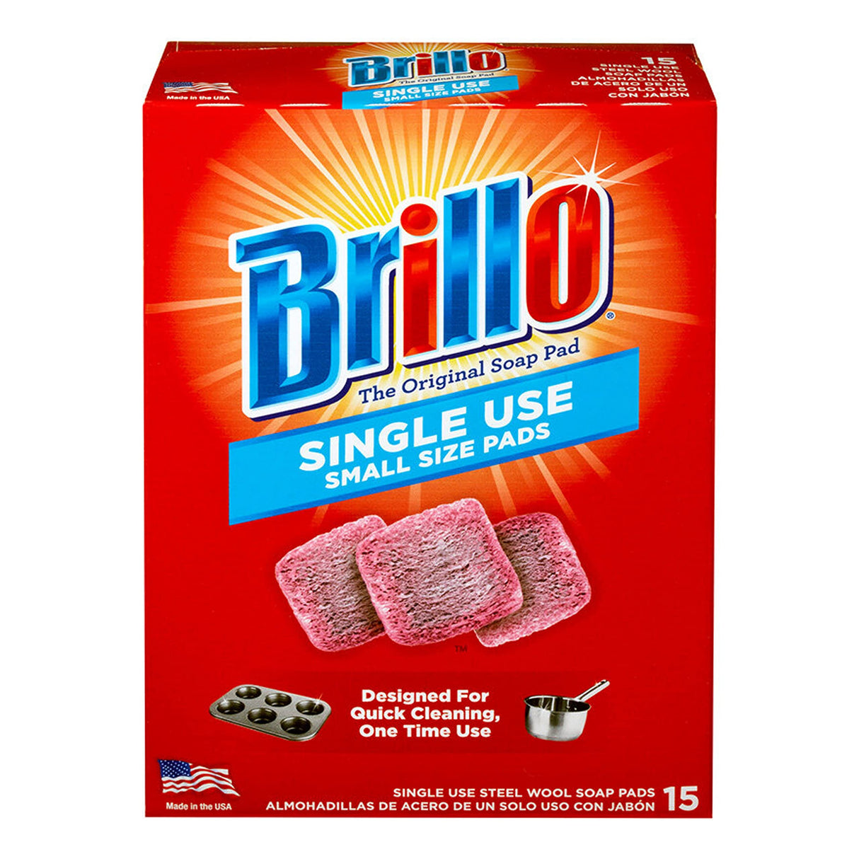 Brillo Single Use Steel Wool Soap Pads, Smaller Size Original Red Scent, 15 Count (Pack of 12)