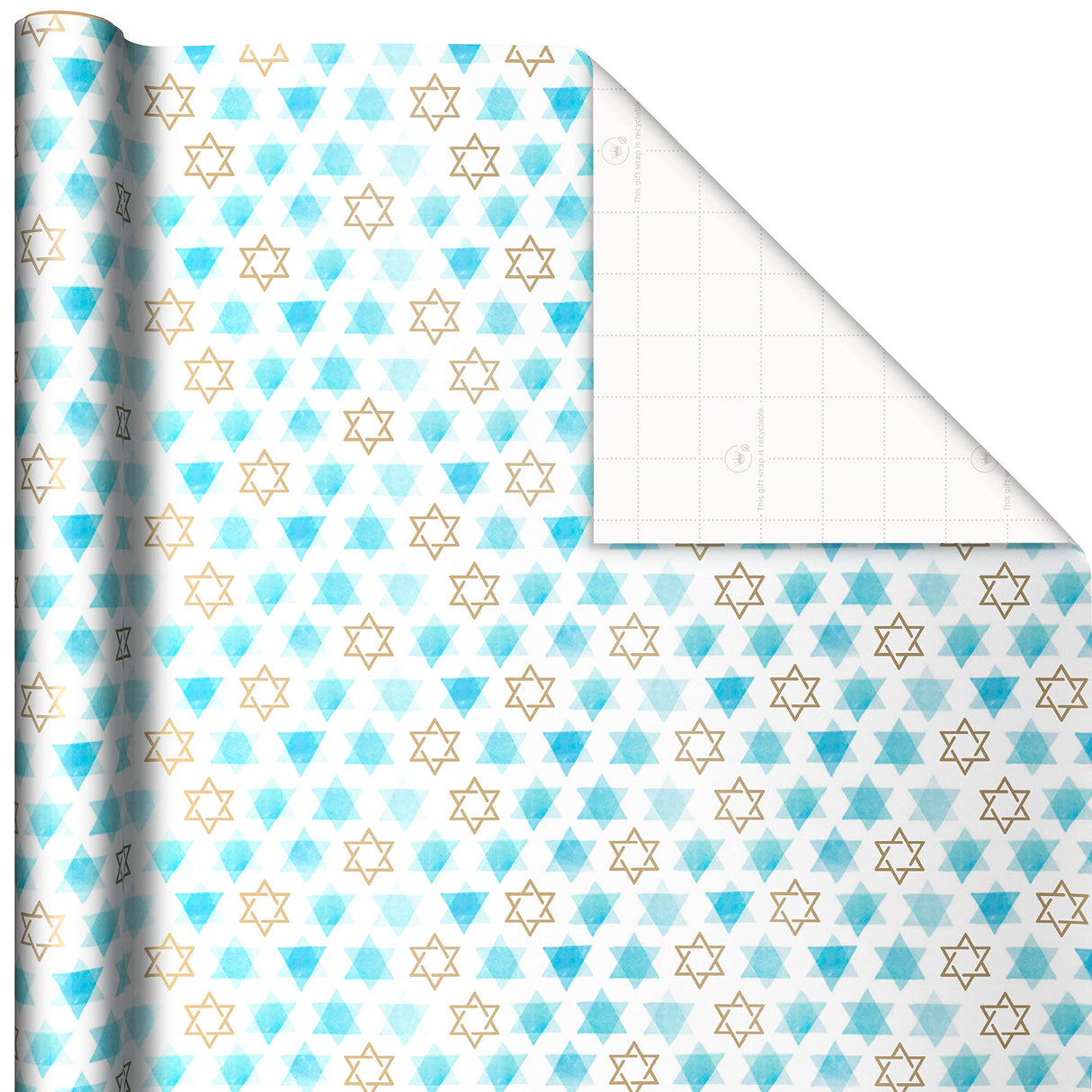 Hallmark Tree of Life Hanukkah Wrapping Paper with Cutlines on Reverse (3 Rolls: 120 Sq. Ft. Total) Blue and Gold Star of David, Menorahs, Candles, Dreidels