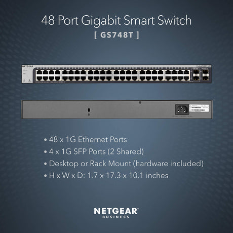 NETGEAR 48-Port Gigabit Ethernet Smart Switch (GS748T) - Managed, with 2 x 1G SFP and 2 x 1G Combo, Desktop or Rackmount, and Limited Lifetime Protection