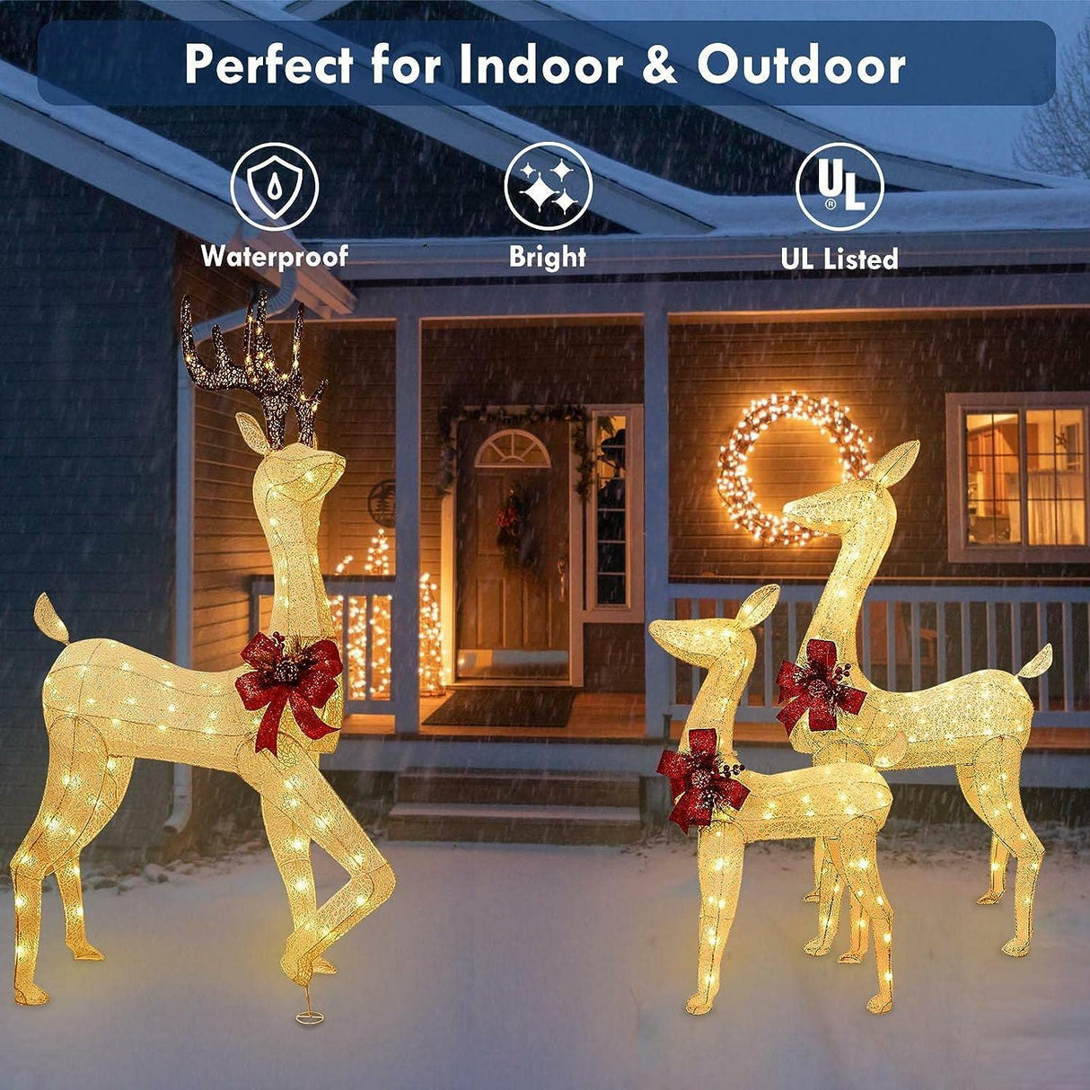 3-Piece Christmas Reindeer Family Set with 230 LED Lights, Zip Ties & Stakes