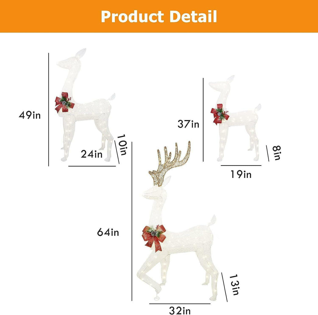 3-Piece Christmas Reindeer Family Set with 230 LED Lights, Zip Ties & Stakes