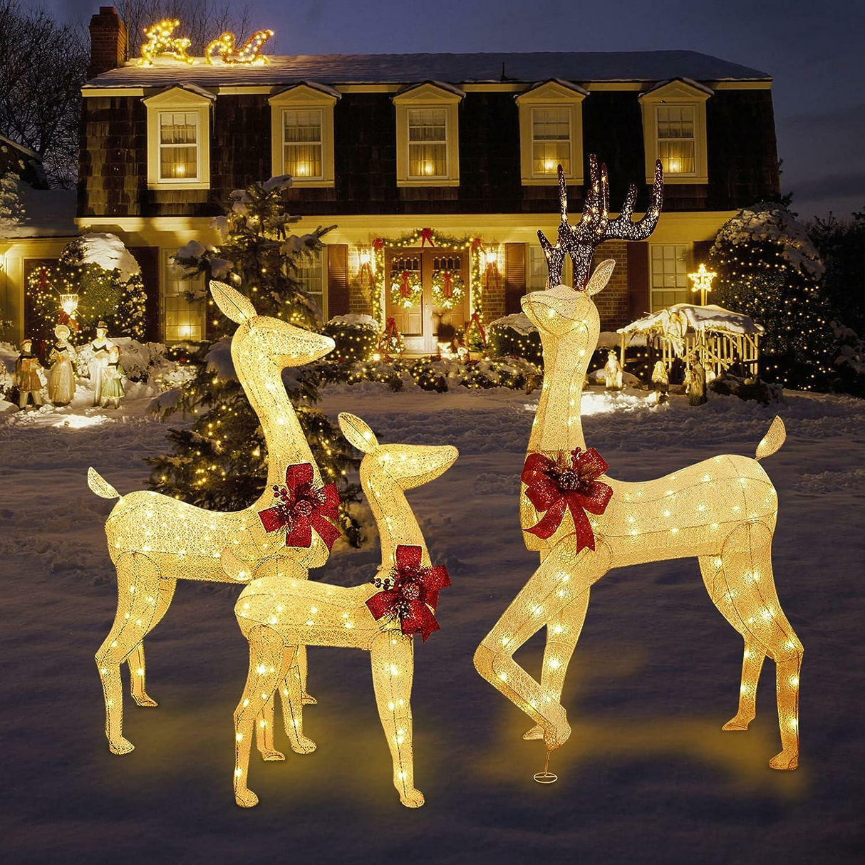 3-Piece Christmas Reindeer Family Set with 230 LED Lights, Zip Ties & Stakes