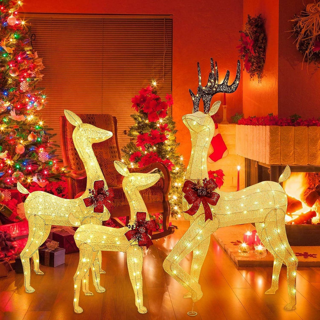 3-Piece Christmas Reindeer Family Set with 230 LED Lights, Zip Ties & Stakes