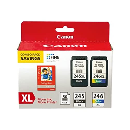 Canon PG-245 XL / CL-246 XL Genuine Ink Value Pack (2 Cartridges) with 50-Sheet Photo Paper, Compatible with iP2820, MG2420/2924/2920/3020/2522/2525, MX492, TS3120/302/302a/202/202a/4520/3320