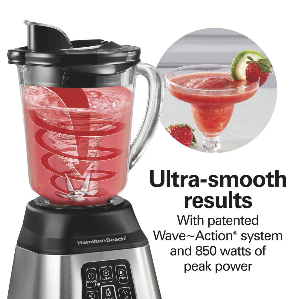 Hamilton Beach Smoothie Smart Blender with 5 Functions including One-Touch Auto Smoothie Cycle, 40 oz Glass Jar, 700 Watts Peak Power, Stainless Steel, 56208