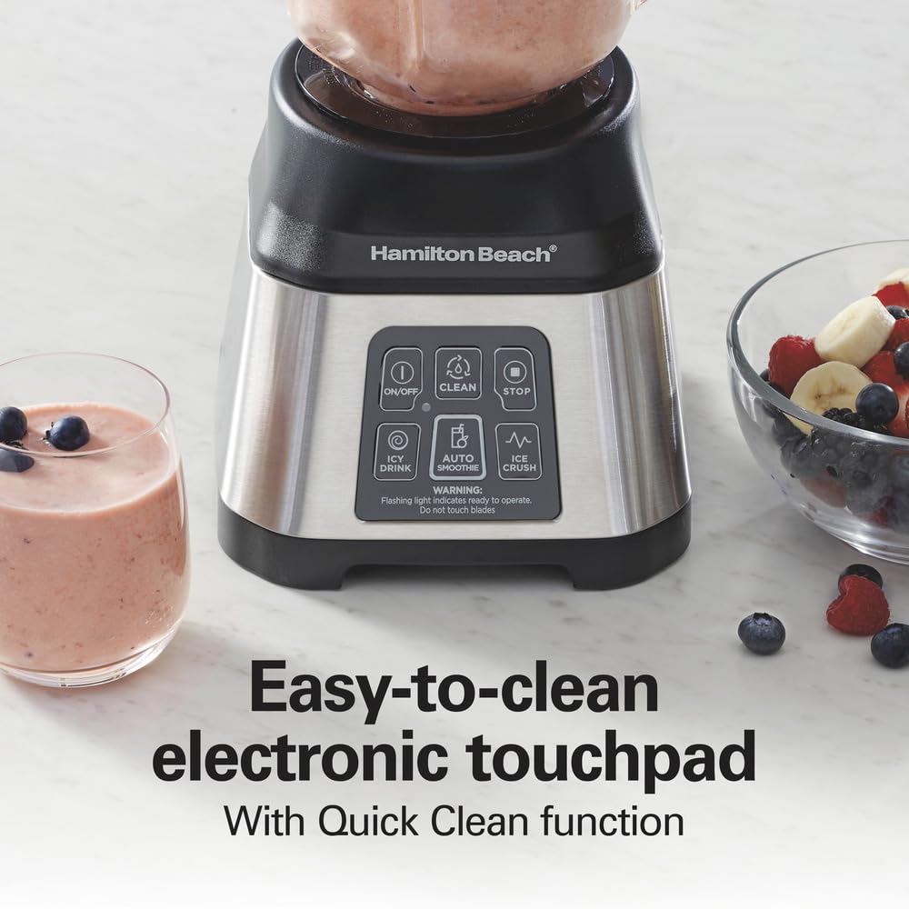 Hamilton Beach Smoothie Smart Blender with 5 Functions including One-Touch Auto Smoothie Cycle, 40 oz Glass Jar, 700 Watts Peak Power, Stainless Steel, 56208