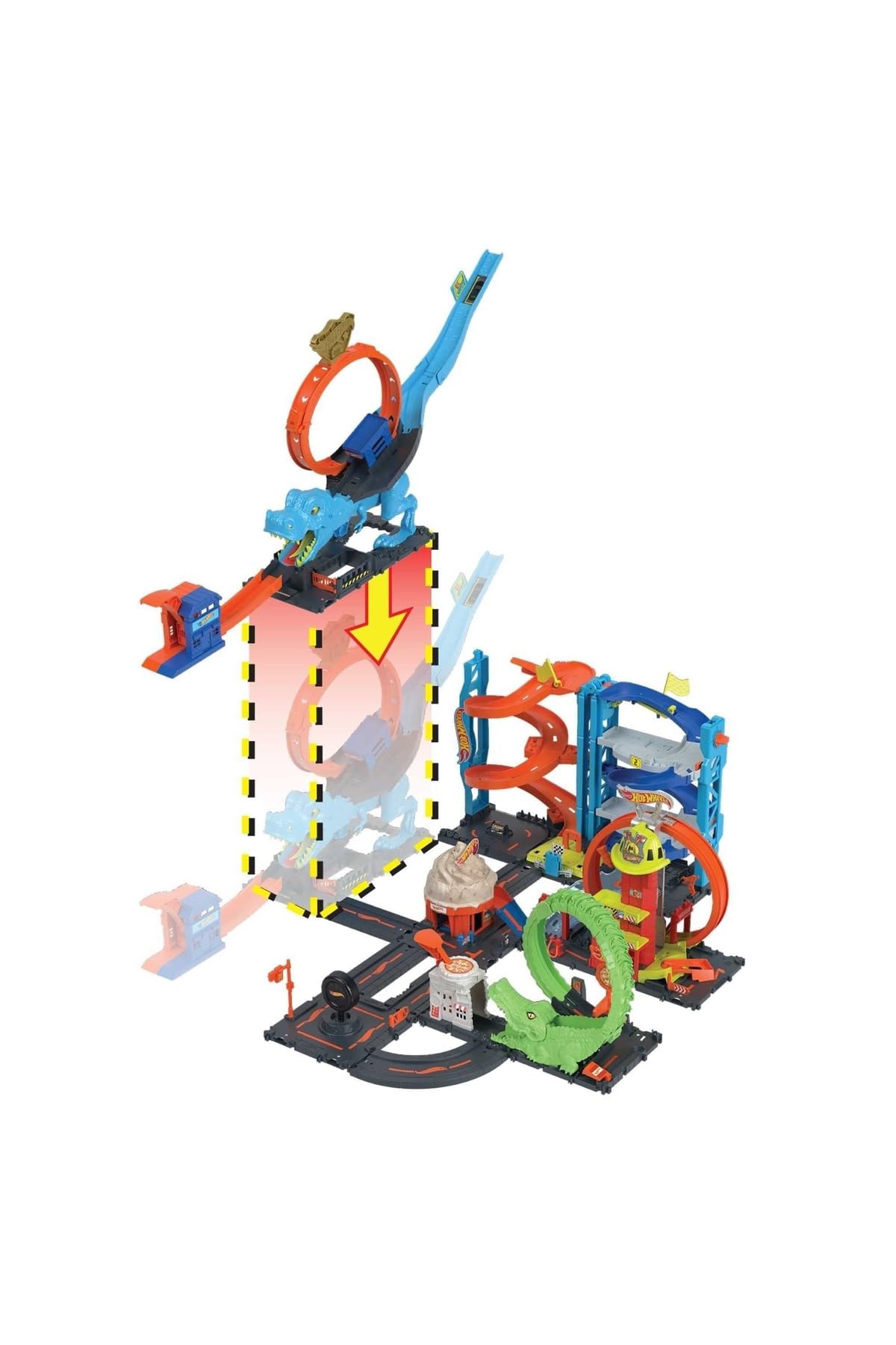 Hot Wheels City Track Set with 1 Toy Car, Race Through A Giant Loop to Defeat A Big Dinosaur, T-Rex Loop Stunt and Race Playset