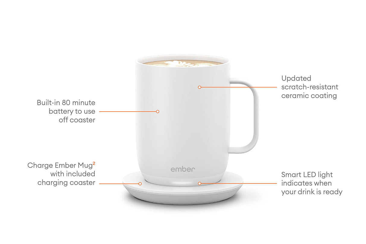 Ember Temperature Control Smart Mug 2, 14 Oz, App-Controlled Heated Coffee Mug with 80 Min Battery Life and Improved Design, White