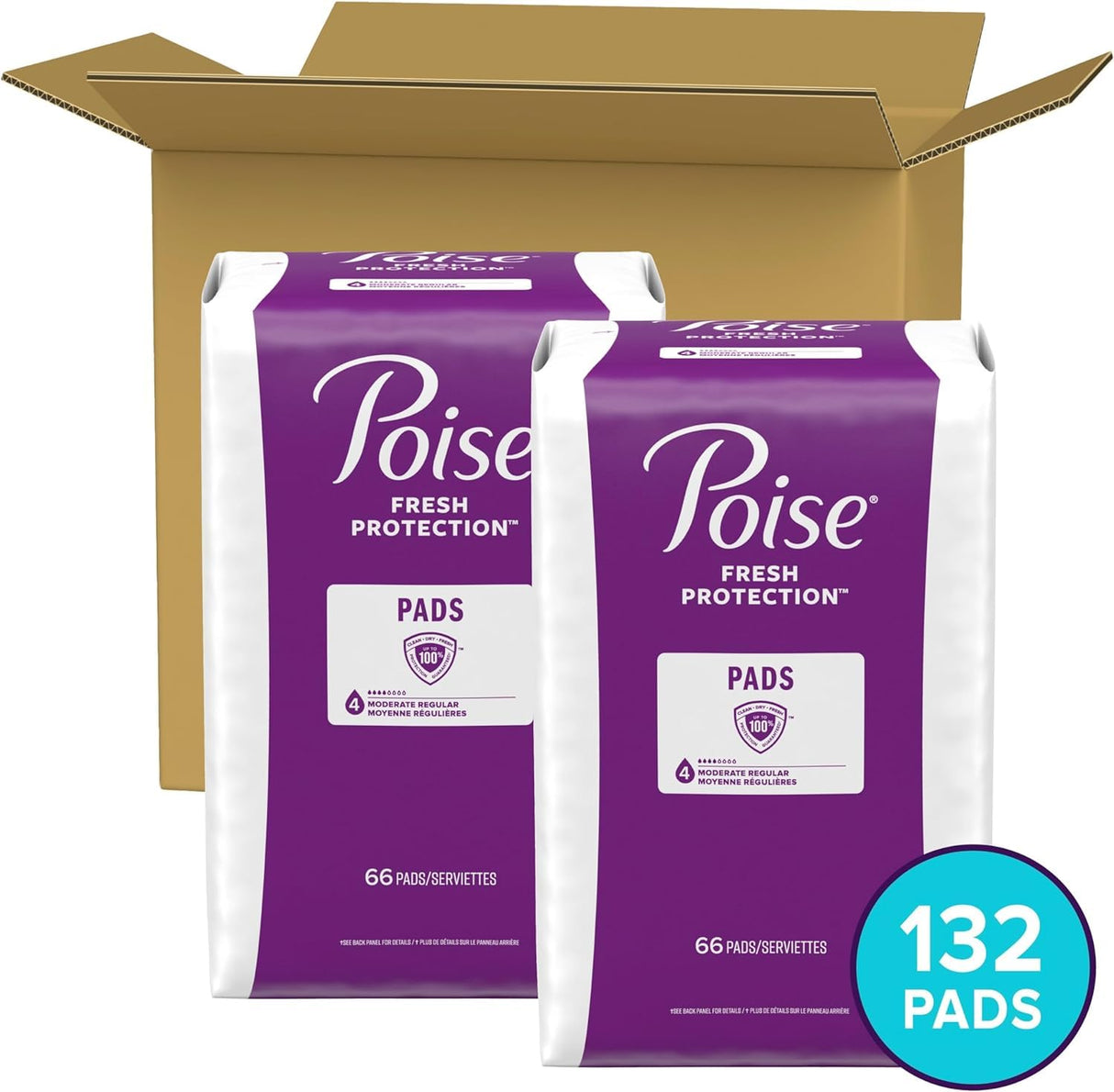 Generic Poise Incontinence Pads & Postpartum Incontinence Pads, 4 Drop Moderate Absorbency, Regular Length, 132 Count, Packaging May Vary, Blue