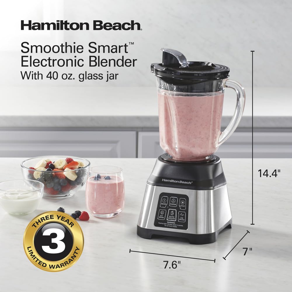 Hamilton Beach Smoothie Smart Blender with 5 Functions including One-Touch Auto Smoothie Cycle, 40 oz Glass Jar, 700 Watts Peak Power, Stainless Steel, 56208