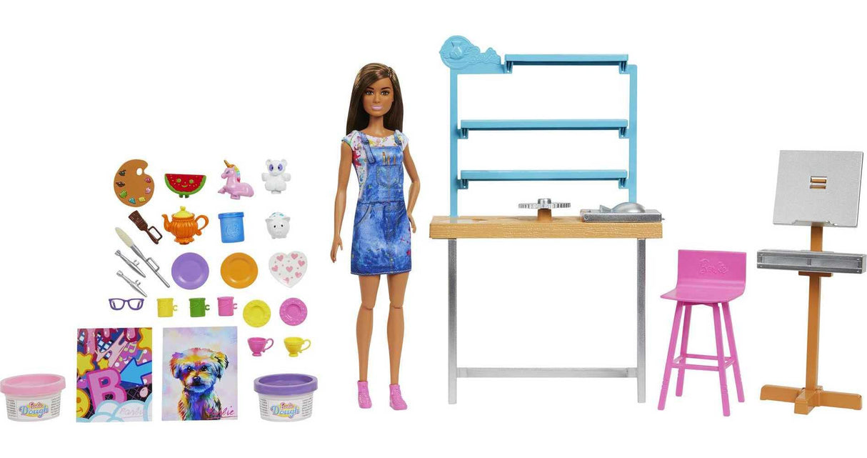 Barbie Relax and Create Art Studio, Doll (11.5 inches), 25+ Creation Accessories for Pottery Making & Painting, Kids 3 to 7 Years Old