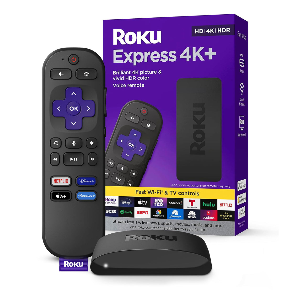 Roku Express 4K+ | Roku Streaming Device 4K/HDR, Roku Voice Remote, Free & Live TV