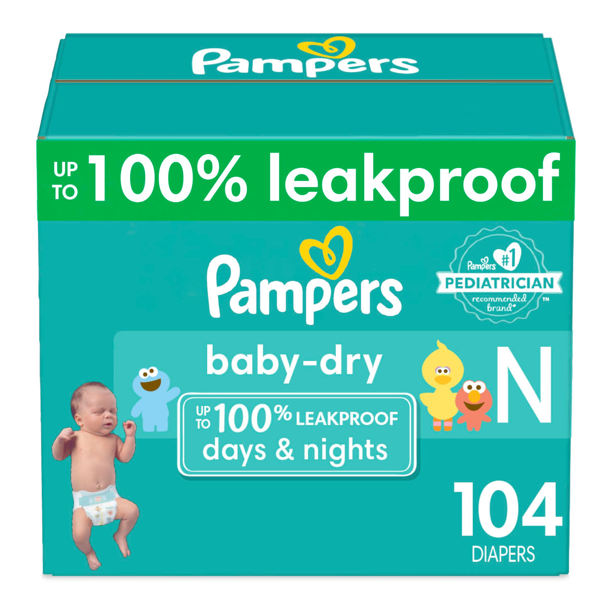 Pampers Baby Dry Diapers Newborn - Size 0, 104 Count, Absorbent Disposable Diapers