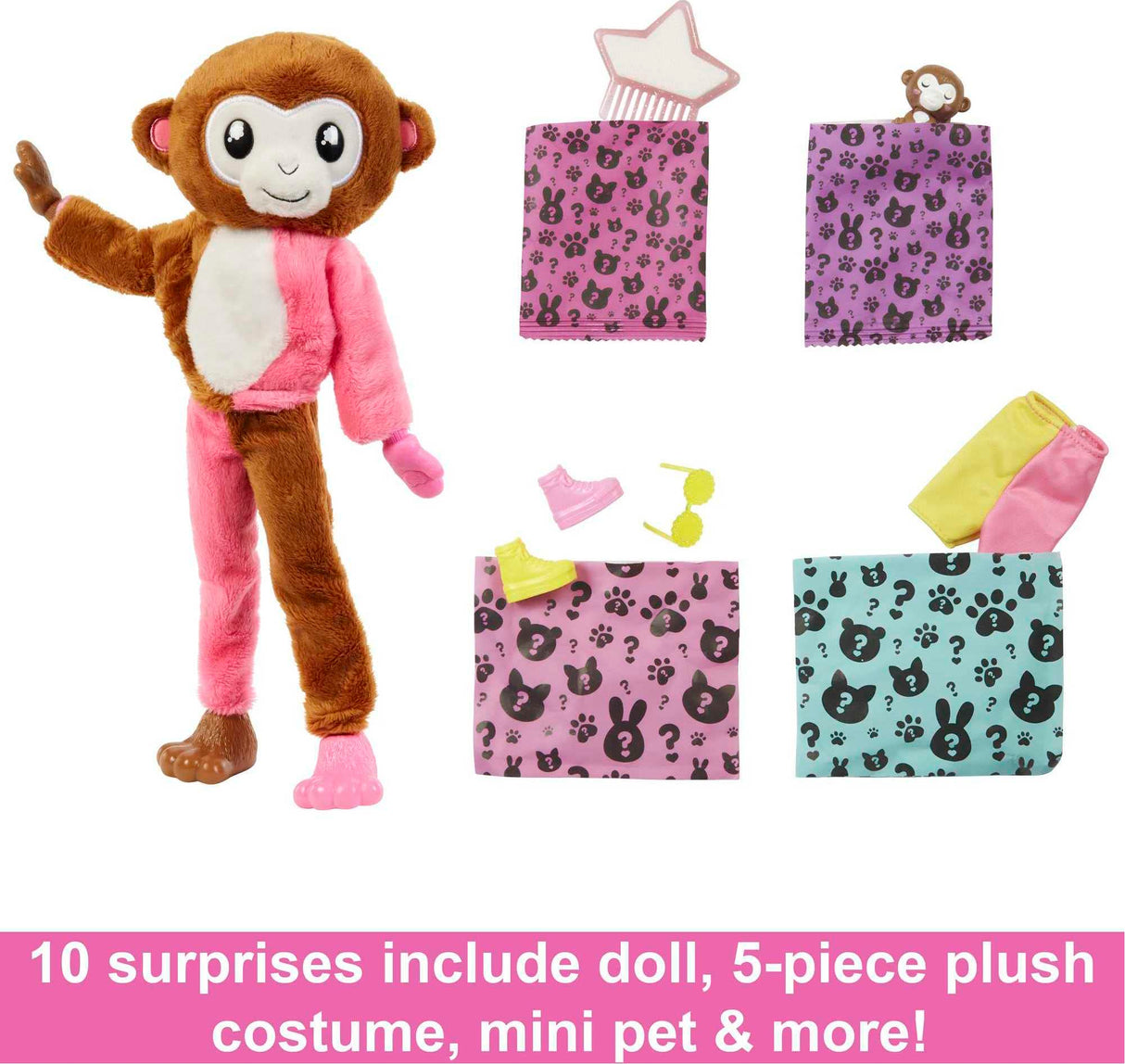 Barbie Cutie Reveal Fashion Doll, Jungle Series Monkey Plush Costume, 10 Surprises Including Mini Pet & Color Change