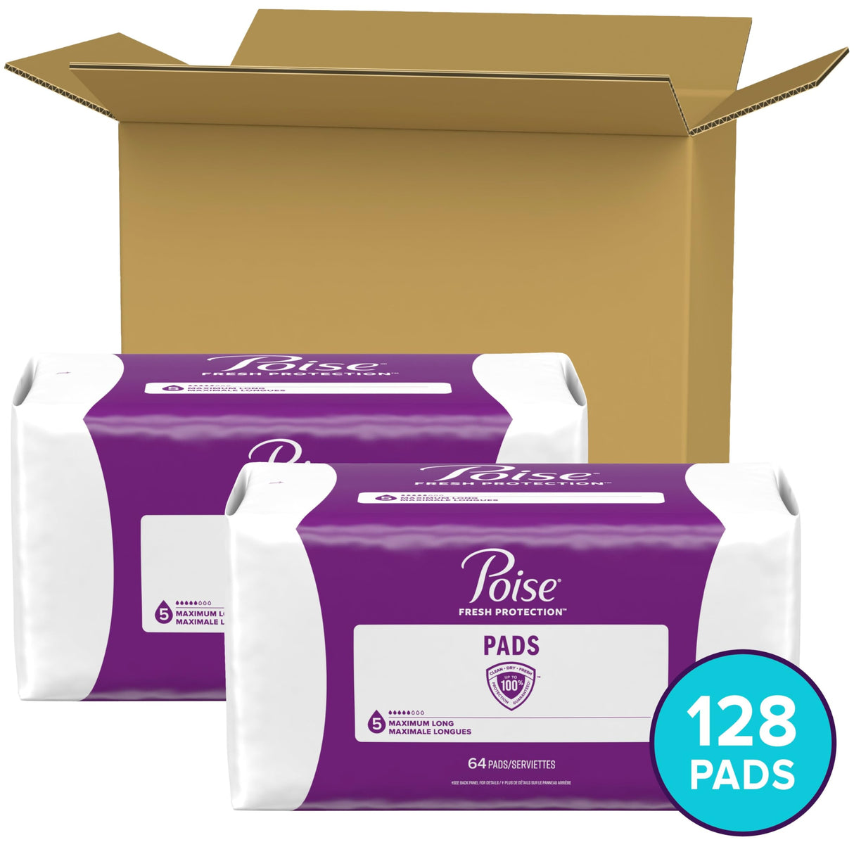 Poise Incontinence Pads & Postpartum Incontinence Pads, 5 Drop Maximum Absorbency, Long Length, 128 Count, Packaging May Vary