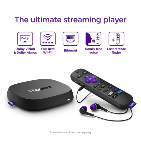 Roku Ultra 4K/HDR/Dolby Vision Streaming Device and Roku Voice Remote Pro with Rechargeable Battery, Hands-Free Voice Controls, Lost Remote Finder, and Private Listening, Black