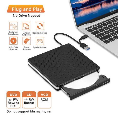 External DVD Drive, Amicool USB 3.0 Type-C CD DVD +/-RW Optical Drive USB C Burner Slim CD/DVD ROM Rewriter Writer Reader Portable for PC Laptop Desktop MacBook Mac Windows 7/8.1/10 Linux OS Apple