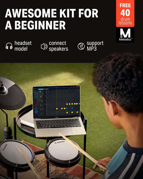 Donner DED-80 Electronic Drum Set with 4 Quiet Mesh Pads, 180+ Sounds, 2 Pedals, Throne, Headphones, Sticks, and Melodics Lessons