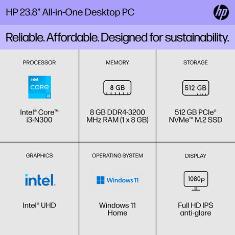 HP 23.8 inch All-in-One Desktop PC, FHD Display, Intel Core i3-N300, 8 GB RAM, 512 GB SSD, Intel UHD Graphics, Windows 11 Home, 24-cr0042 (2023)