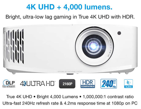 Optoma UHD38 Bright, True 4K UHD Gaming Projector | 4000 Lumens | 4.2ms Response Time at 1080p with Enhanced Gaming Mode | Lowest Input Lag on 4K Projector | 240Hz Refresh Rate | HDR10 & HLG