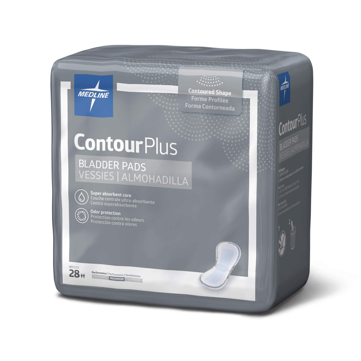 Medline ContourPlus Bladder Control Incontinence Pads, Maximum Absorbency, 6.5" x 13.5", 28 Count (Pack of 6)