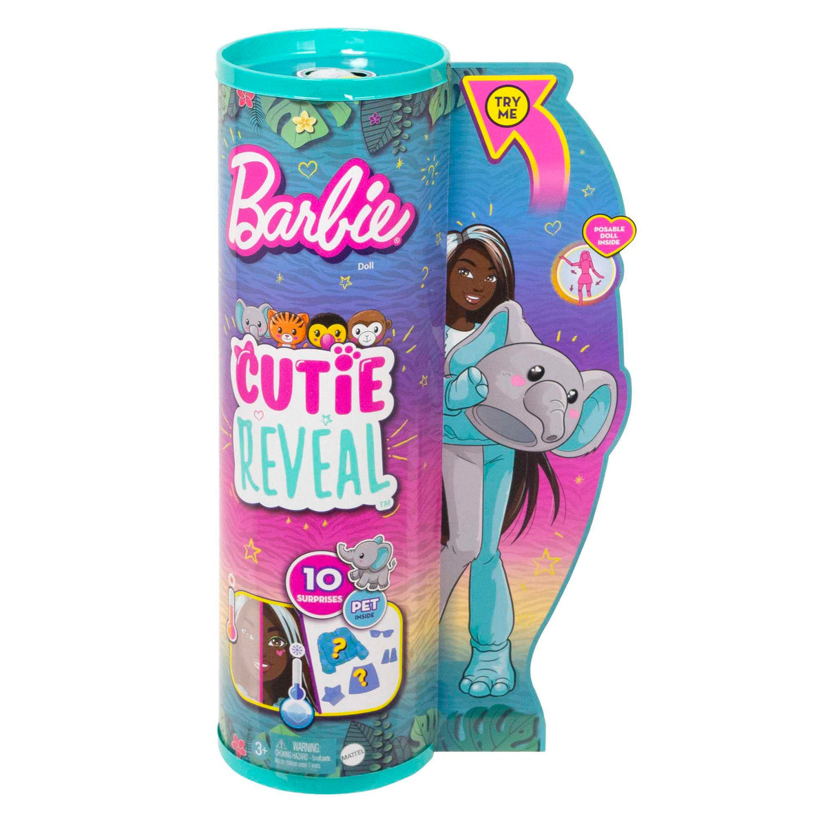 Barbie Cutie Reveal Fashion Doll, Jungle Series Elephant Plush Costume, 10 Surprises Including Mini Pet & Color Change