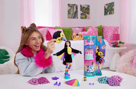 Barbie Cutie Reveal Fashion Doll, Jungle Series Toucan Plush Costume, 10 Surprises Including Mini Pet & Color Change