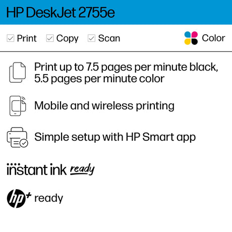 HP DeskJet 2755e Wireless Color inkjet-printer, Print, scan, copy, Easy setup, Mobile printing, Best-for home, Instant Ink with HP+,white