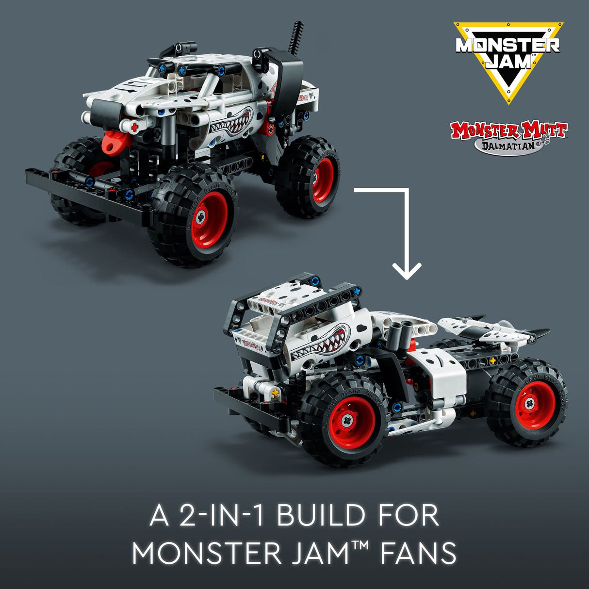 LEGO Technic Monster Jam Monster Mutt Dalmatian, 2in1 Pull Back Racing Toys, Birthday Gift Idea, DIY Building Cottage House Toy, Monster Truck Toy for Kids, Summer Toy for Boys and Girls 7-11, 42150