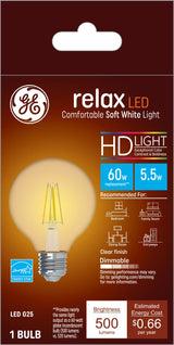 GE Lighting 36855 Clear Finish Light Bulb Relax HD Dimmable LED G25 Decorative Globe 5.5 (60-Watt Replacement), 500-Lumen Medium Base, 1-Pack, Soft White