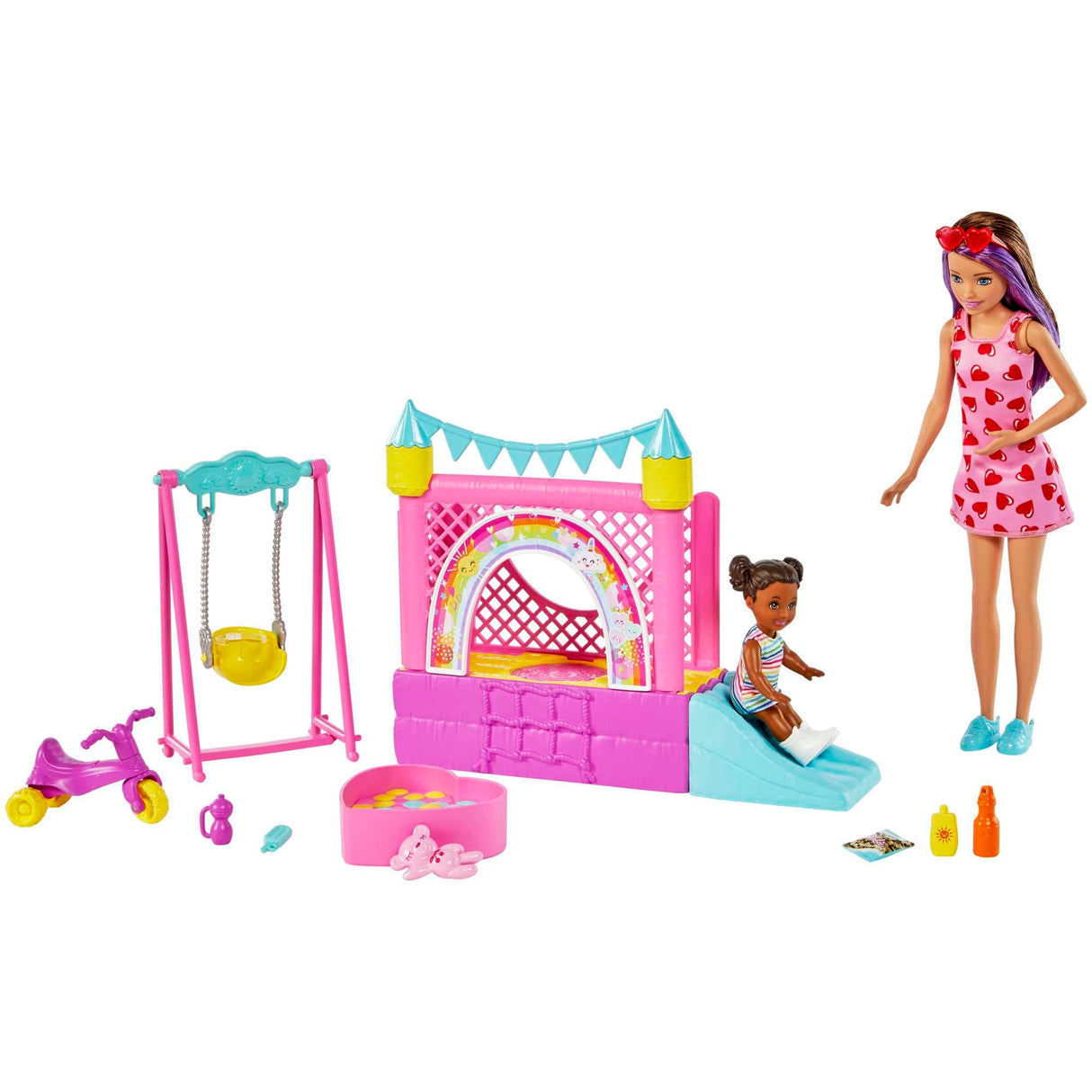 Barbie Skipper Babysitters Inc Playset with Skipper Doll, Toddler Small Doll, Working Bounce House, Swing & Accessories