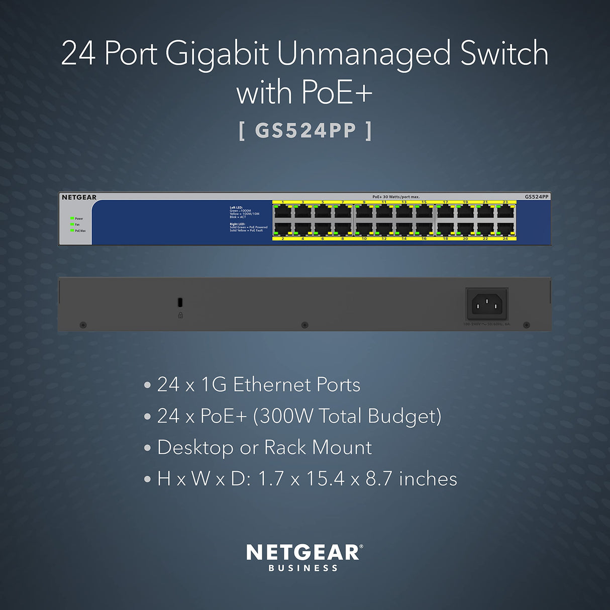 NETGEAR 24-Port Gigabit Ethernet High-Power PoE+ Unmanaged Switch, Gray