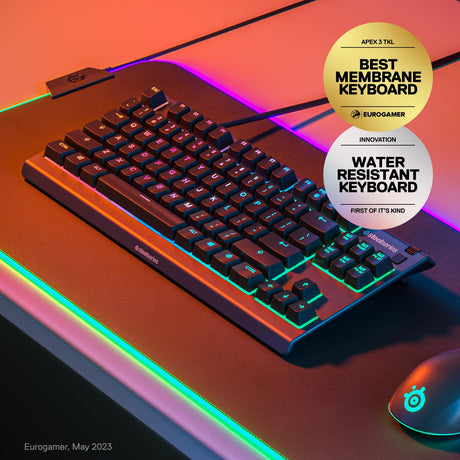 SteelSeries Apex 3 TKL RGB Gaming Keyboard - Tenkeyless - Water & Dust Resistant - PC and USB-A