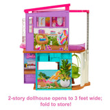 Barbie Vacation House, 2-Storey Fully-Furnished Barbie House with 6 Play Areas, Swing Chair Elevator, 30 Accessories, Fold and Store, Toys for Ages 3 and Up, One Toy House, HCD50