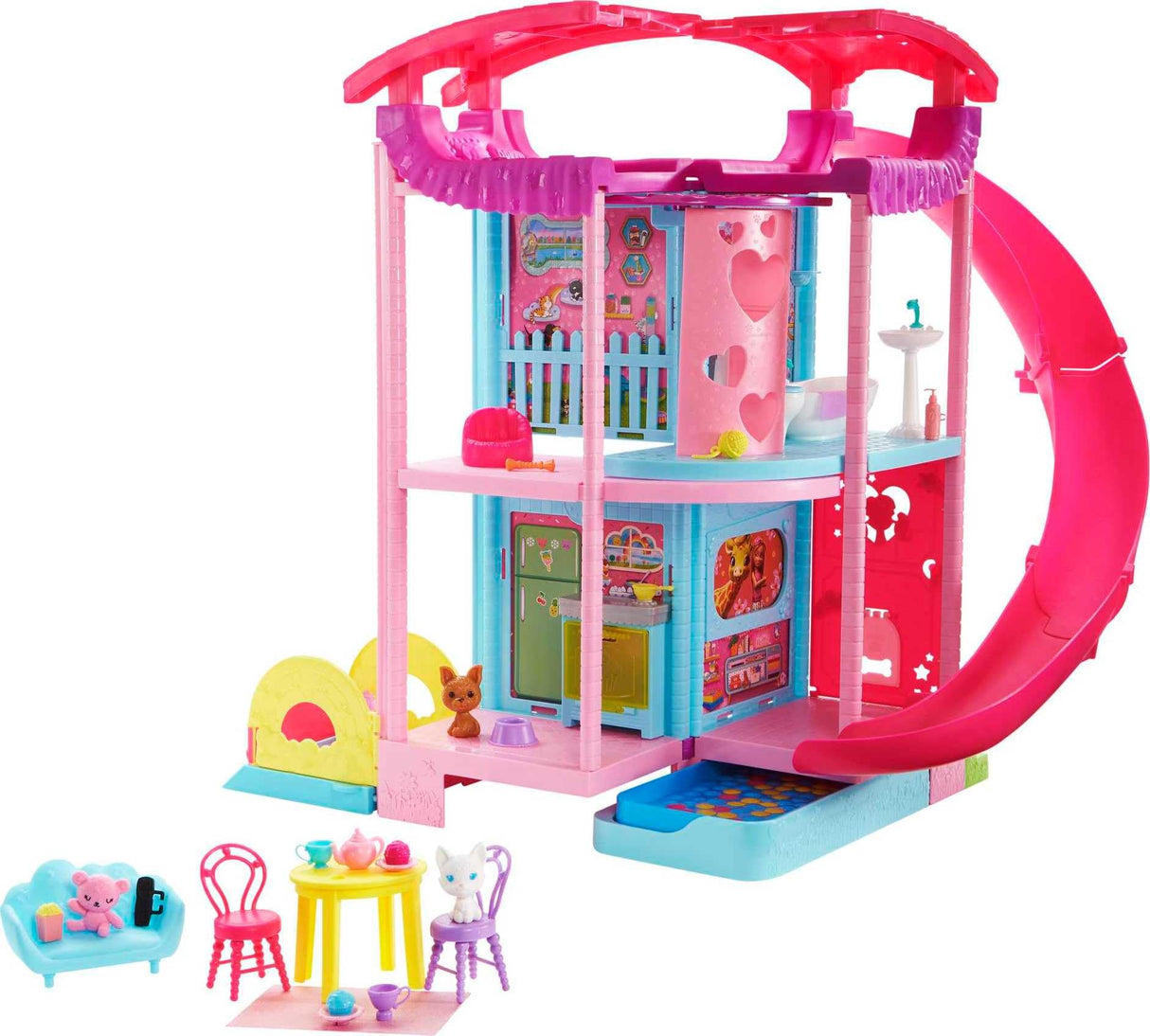 Barbie Dollhouse, Chelsea Playhouse Set with Transforming Areas & 20+ Pieces, Includes 2 Pets, Pool, Furniture & Accessories