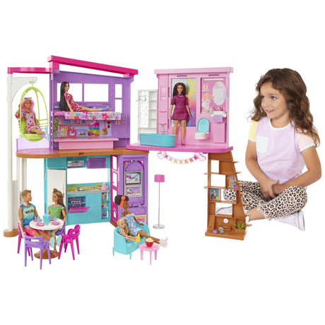 Barbie Vacation House, 2-Storey Fully-Furnished Barbie House with 6 Play Areas, Swing Chair Elevator, 30 Accessories, Fold and Store, Toys for Ages 3 and Up, One Toy House, HCD50