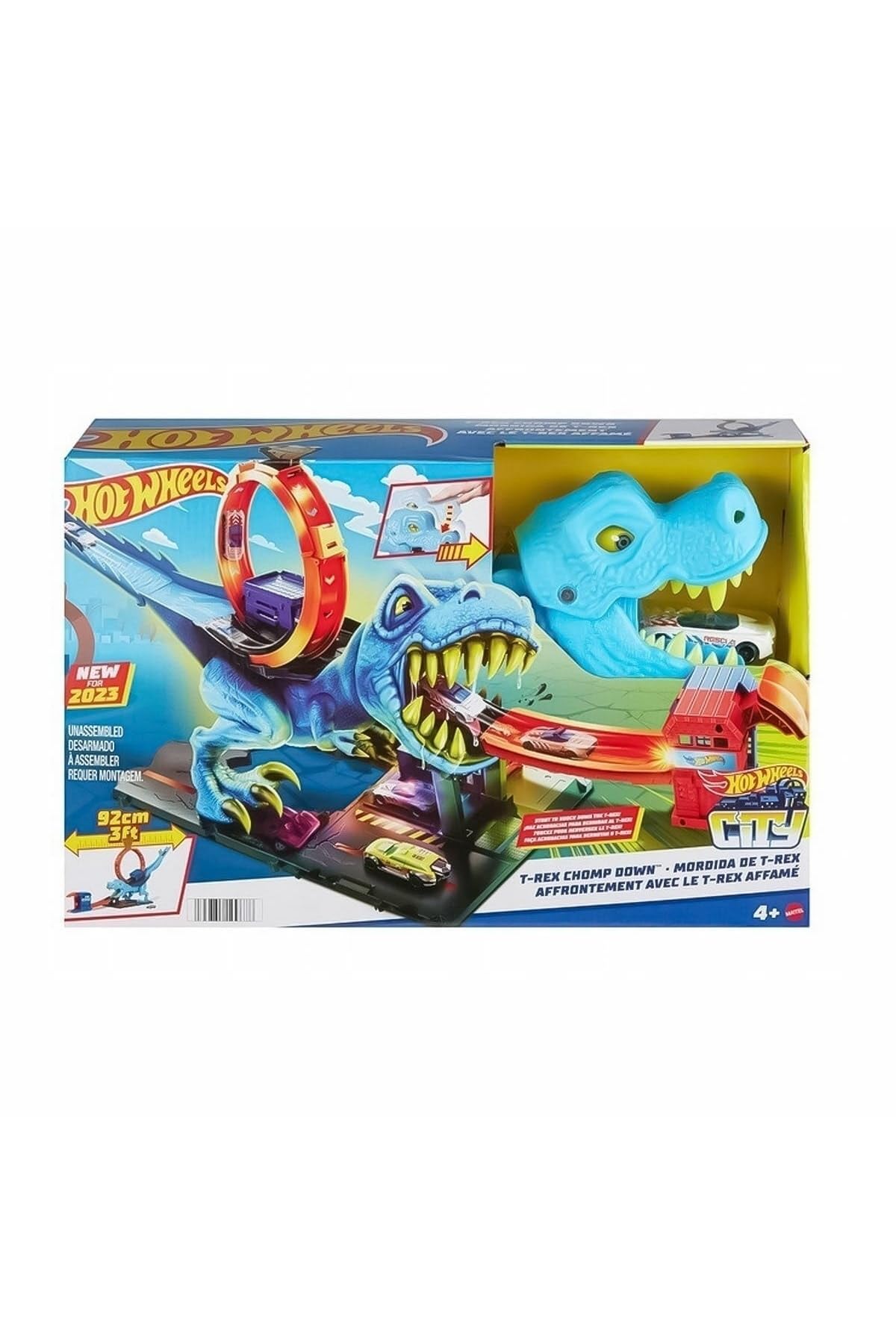 Hot Wheels City Track Set with 1 Toy Car, Race Through A Giant Loop to Defeat A Big Dinosaur, T-Rex Loop Stunt and Race Playset