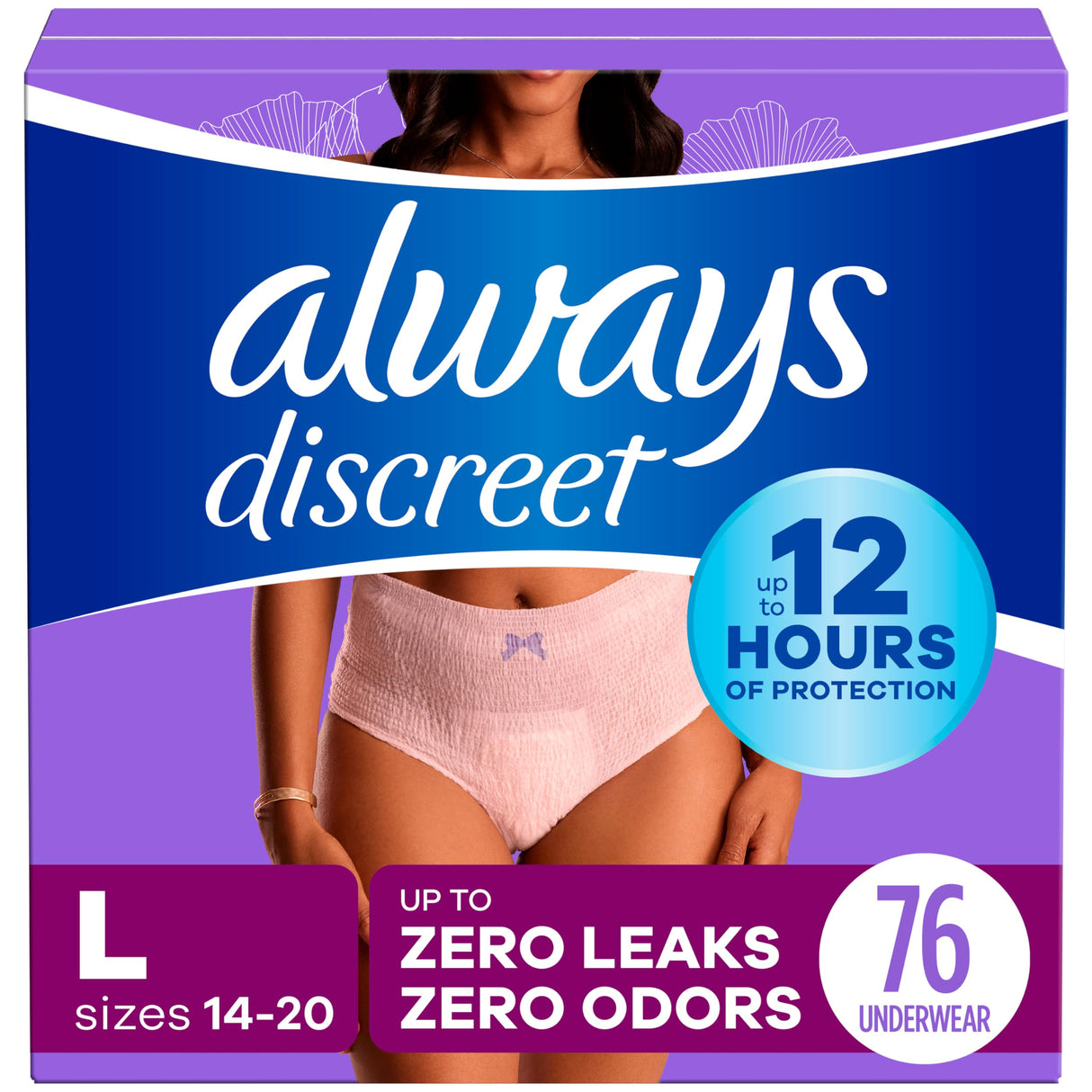 Always Discreet Adult Incontinence Underwear for Women and Postpartum Underwear, L, Up to 100%* Bladder Leak Protection, 76 CT,