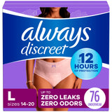 Always Discreet Adult Incontinence Underwear for Women and Postpartum Underwear, L, Up to 100%* Bladder Leak Protection, 76 CT,