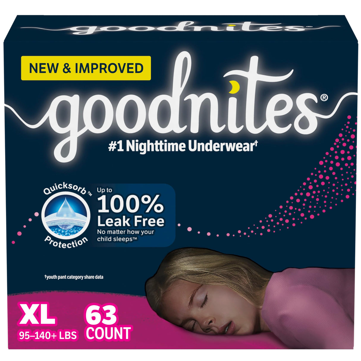 Goodnites Girls' Nighttime Bedwetting Underwear, Size Extra Large (95-140+ lbs), 63 Ct (3 Packs of 21), Packaging May Vary