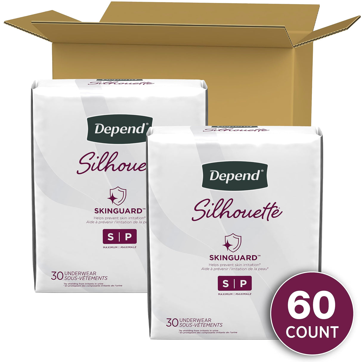 Depend Silhouette Adult Incontinence and Postpartum Underwear for Women, Small, Maximum Absorbency, Black, 60 Count (2 Packs of 30), Packaging May Vary