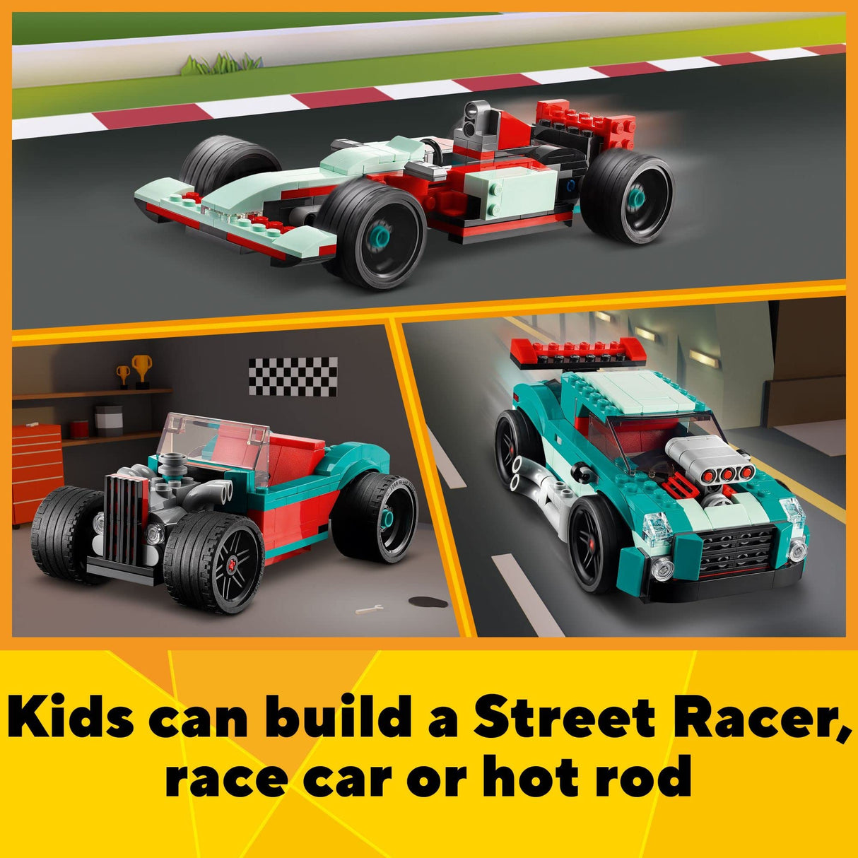 LEGO Creator 3in1 Street Racer Muscle to Hot Rod to Race Car Toys 31127, Model Vehicle Building Bricks Set, Gifts for 7 Plus Year Old Boys & Girls