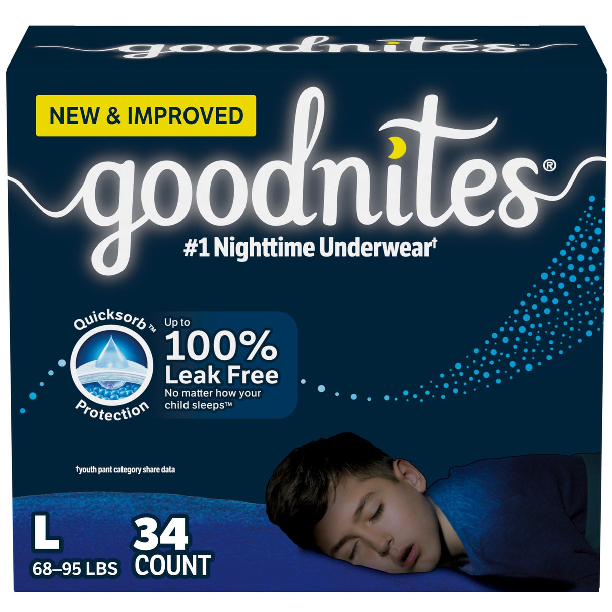 Goodnites Boys' Nighttime Bedwetting Underwear, Size Large (68-95 lbs), 34 Ct (2 Packs of 17), Packaging May Vary