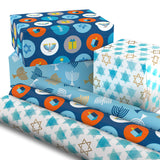 Hallmark Tree of Life Hanukkah Wrapping Paper with Cutlines on Reverse (3 Rolls: 120 Sq. Ft. Total) Blue and Gold Star of David, Menorahs, Candles, Dreidels