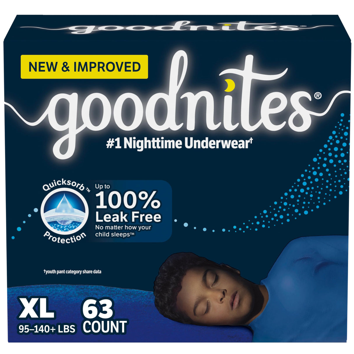 Goodnites Boys' Nighttime Bedwetting Underwear, Size Extra Large (95-140+ lbs), 63 Ct (3 Packs of 21), Packaging May Vary