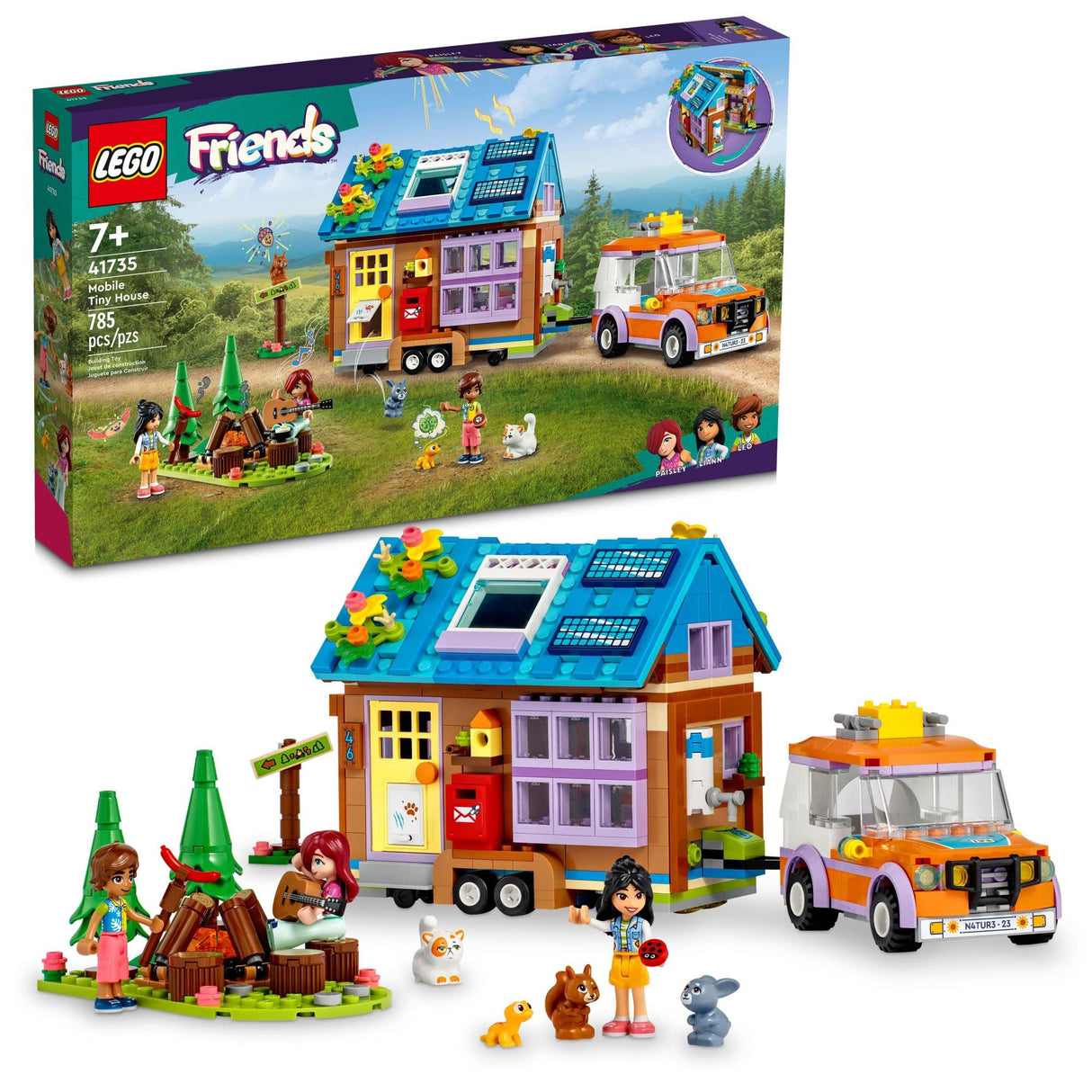 LEGO Friends Mobile Tiny House 41735, Forest Camping Dollhouse Pretend Play Set with Toy Car to Enjoy The Great Outdoors, Includes Leo & Liann Friendship Mini-Dolls, Gift Idea for Kids 7 Plus